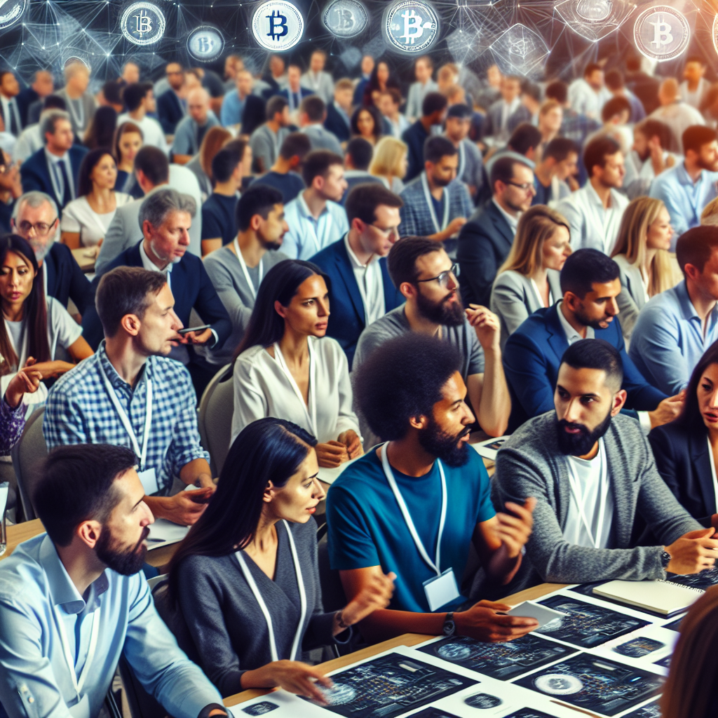 Imaginea unei conferinte pe tema criptomonedelor, unde fiecare ramai discuta diferite aspecte si tehnologii. Toti participa activ, creand o atmosfera de invatare si schimb de experienta. Toate persoanele au un aspect european.