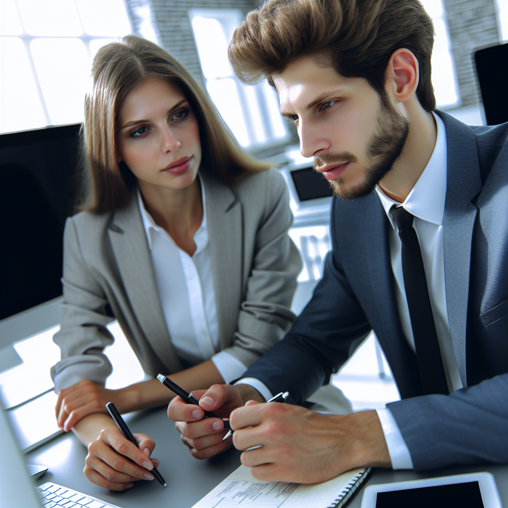 Imagine cu un businessman si o businesswoman care discuta despre <a href=