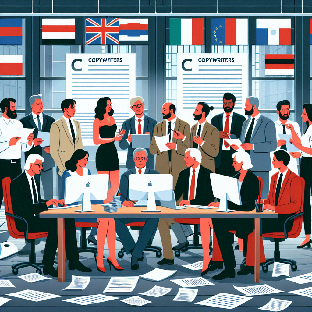 Imagine cu un grup de copywriteri profesionisti care discuta despre preturile serviciilor, toti personajii de tip european, inconjurati de documente si calculatoare.