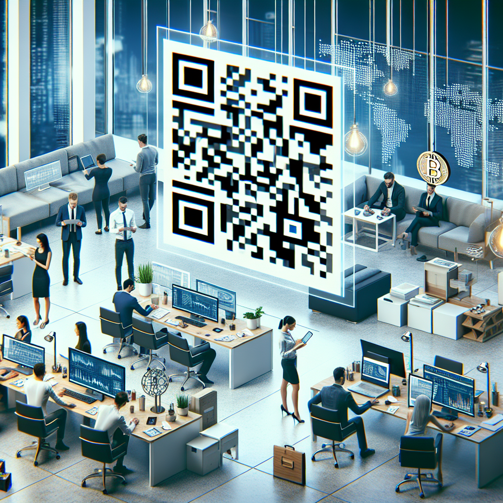 Imagine QR code care directioneaza spre un site despre criptomonede, cu oameni europeni analizand grafice si <a href=