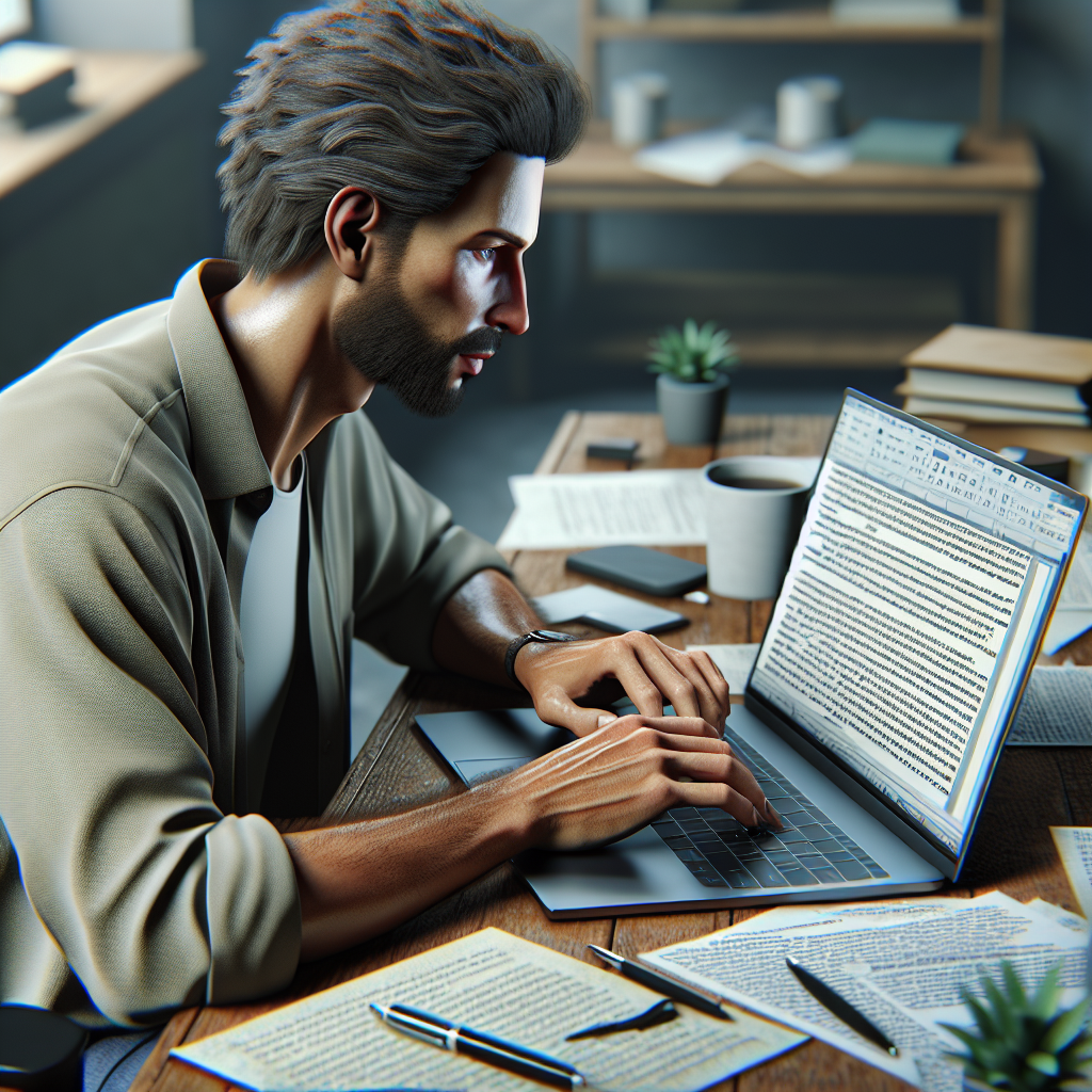 Imaginea unei persoane care lucreaza la un laptop, concentrata pe redactarea unui text. Aspectul tuturor oamenilor este de tip european, iar imaginea arata ca o fotografie, fiind greu de diferentiat de o fotografie reala.