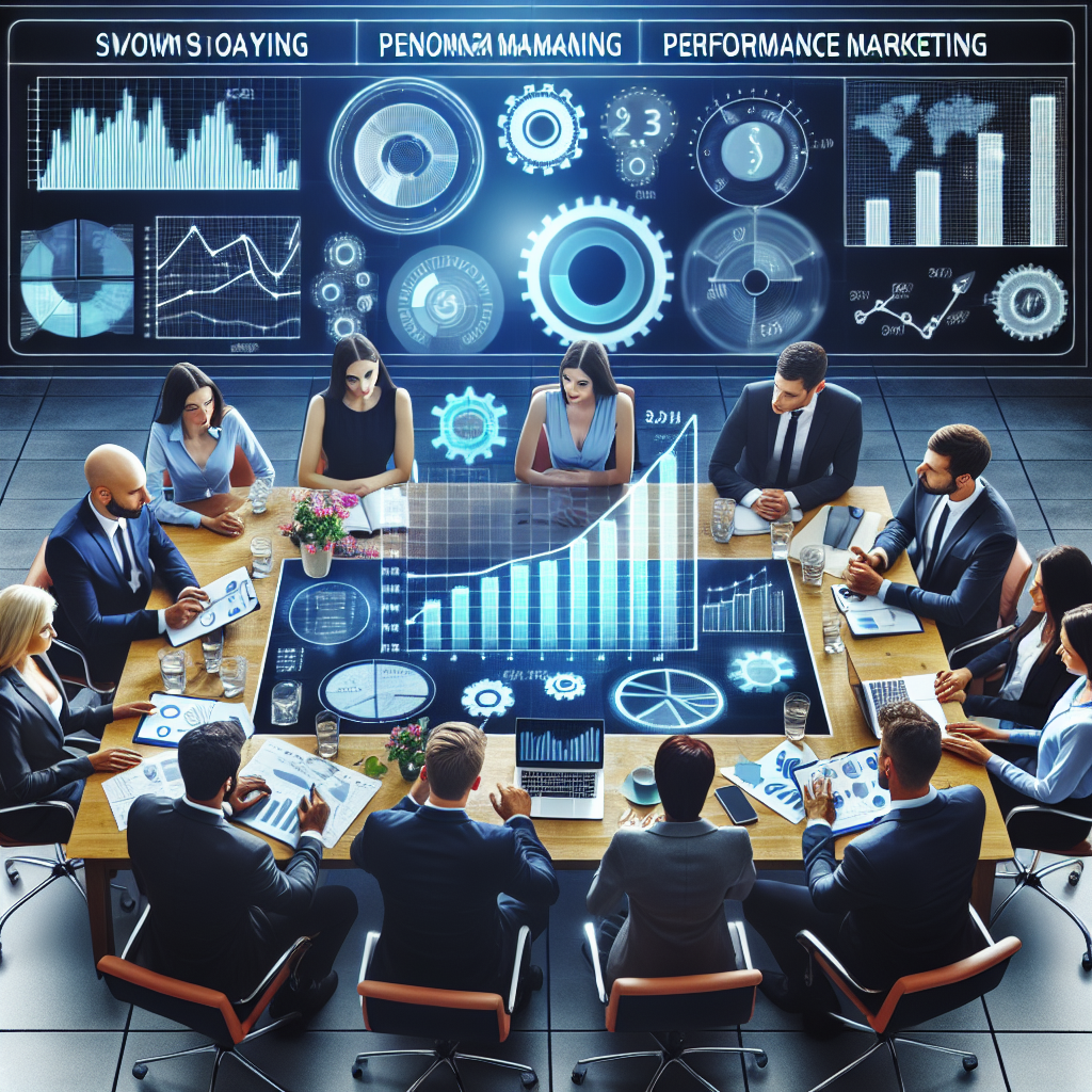 O imagine cu un grup de oameni de afaceri europeni discutand strategia de marketing Performance, cu diagrame si grafice pe masa, iar pe ecranul computerului se vad rezultatele campaniei.