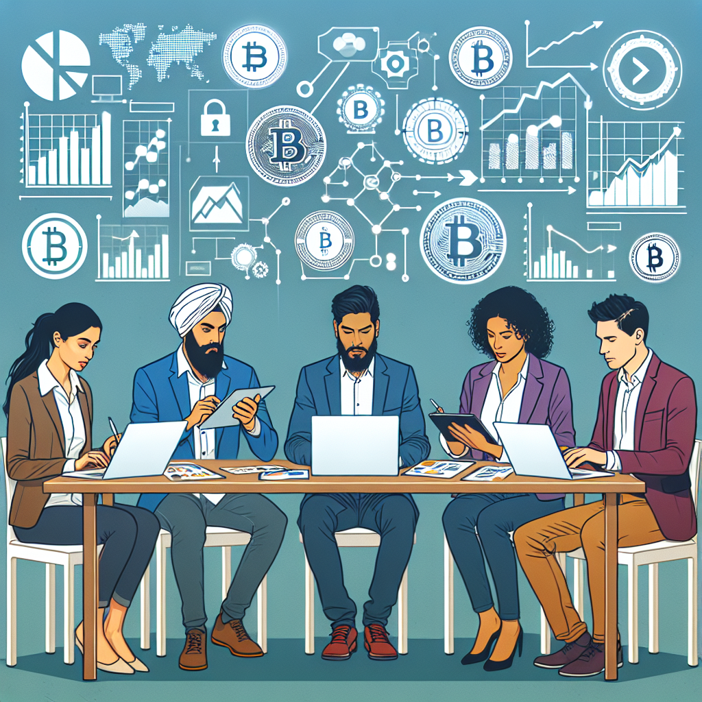 Imagine cu un grup de persoane care studiaza cu atentie analiza financiara si strategiile de investire in criptomonede. Toti personajii sunt de tip european, asezati la o masa cu grafice si laptopuri.