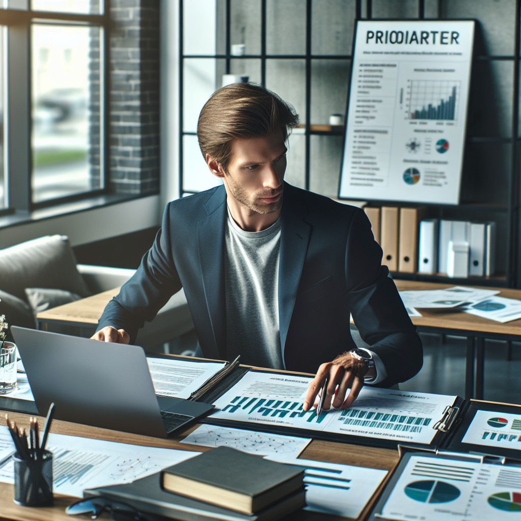 Imaginea unui specialist IT care prioritizeaza, verificand portofoliul dezvoltatorilor intr-un birou modern. Pe masa se afla un laptop si documente cu grafice si planuri. Persoana are un aspect european, este concentrata si pasionata de procesul de selectie.