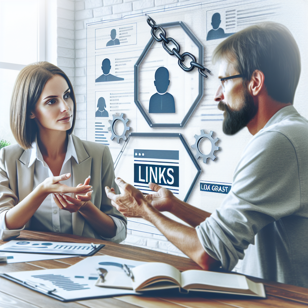 Imagine cu un specialist profesionist discutand cu un client despre conceptia link-urilor in marketing, pe fondul unui birou cu grafice si <a href=