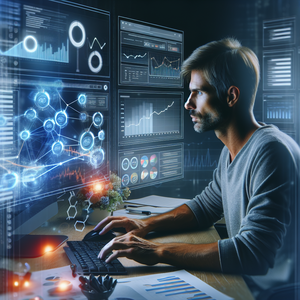 Imagine cu un marketer digital analizand datele despre link-uri pe ecranul calculatorului, inconjurat de grafice si diagrame care reprezinta <a href=