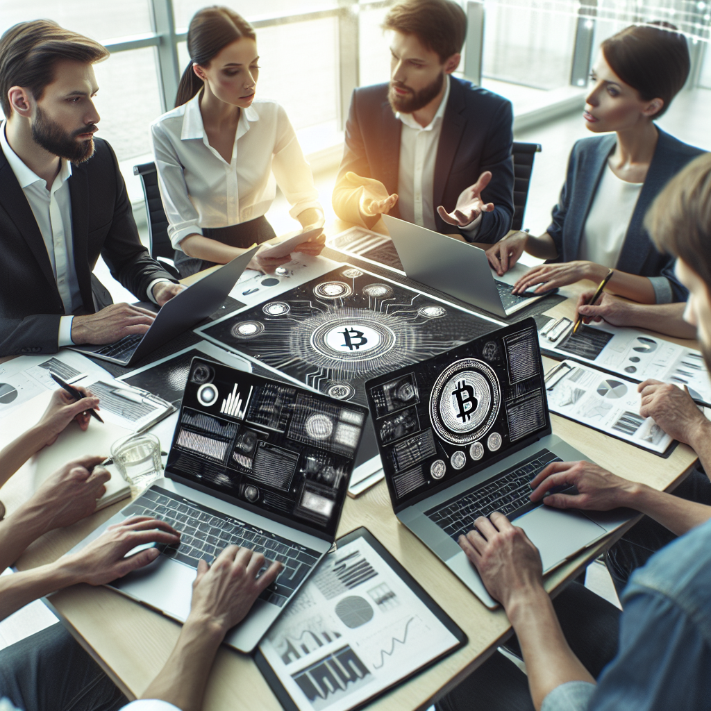 O grupa de oameni discutand despre crearea unei criptovalute, utilizand laptopuri si caiete. Toti oamenii au un aspect european.