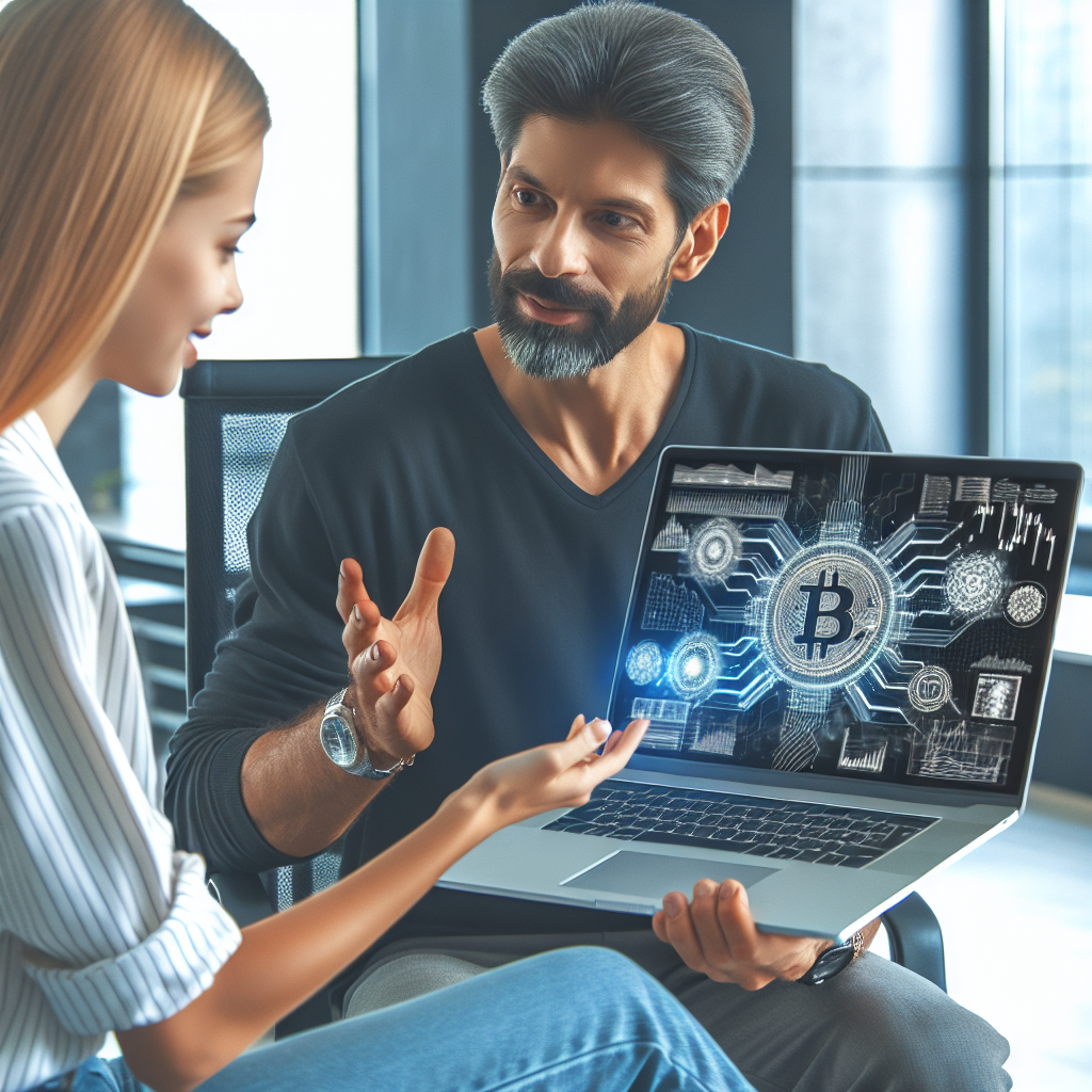 Un consultant experimentat in criptomonede explicand scheme complexe pe un laptop unui client tanar intr-un birou. Toti oamenii ar trebui sa fie de tip european.