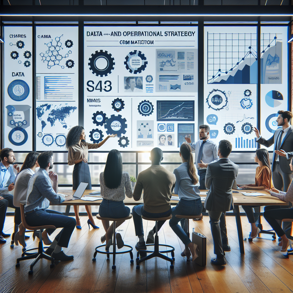 Imaginea unei grup de marketologi care discuta despre date si strategia de utilizare a CRM-ului, avand un aspect european.