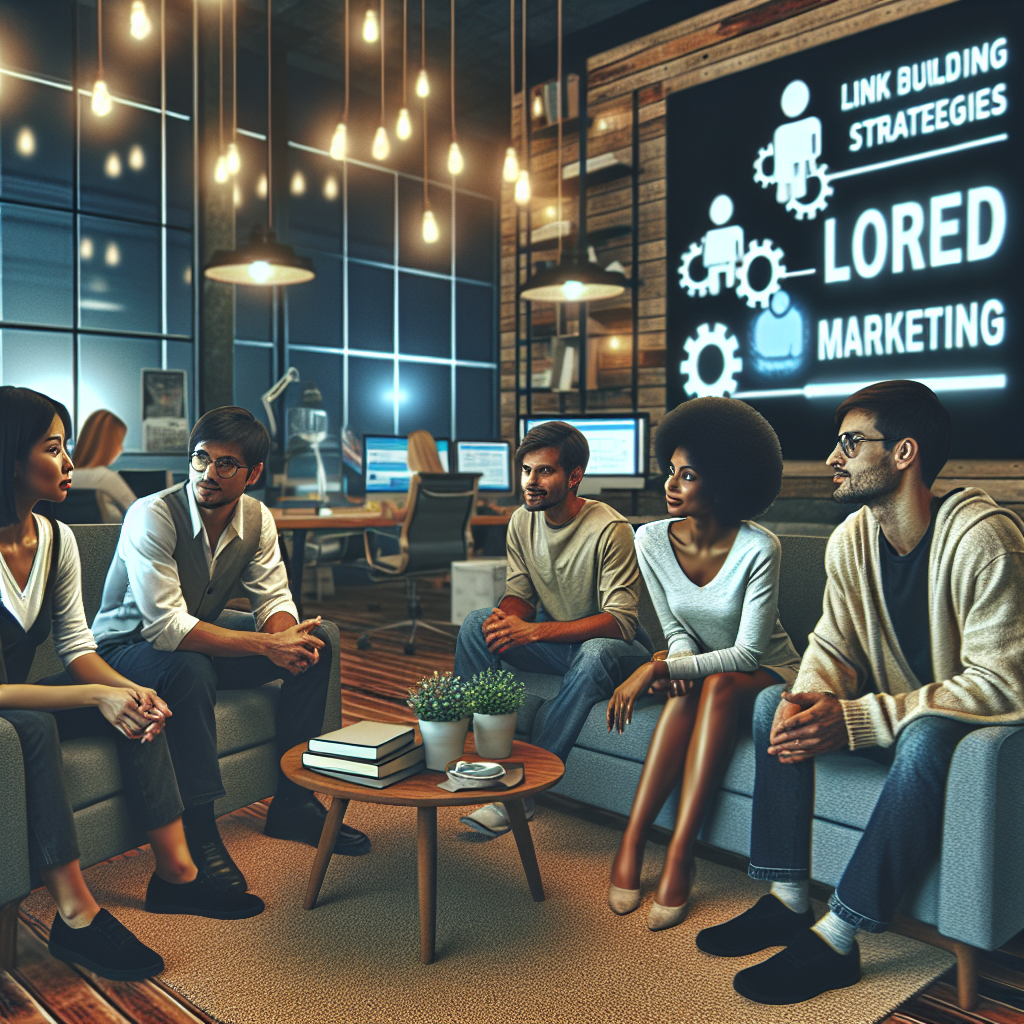 Imagine cu oameni de tip european care discuta strategii de linkbuilding si crowd marketing intr-un birou IT confortabil.