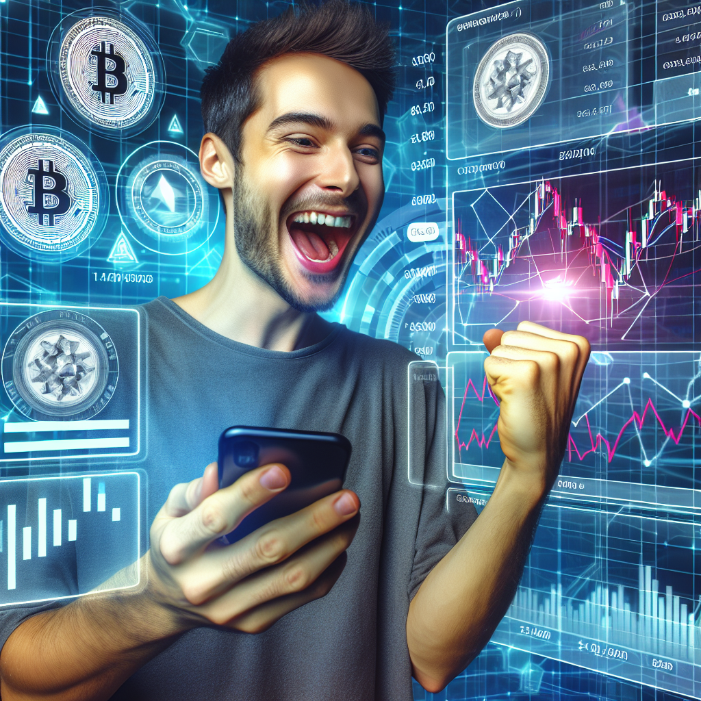 Imaginea unui om care foloseste un telefon cu interfata unui bot Telegram pentru trading, in fata unor grafice digitale de criptomonede. Toate persoanele <a href=