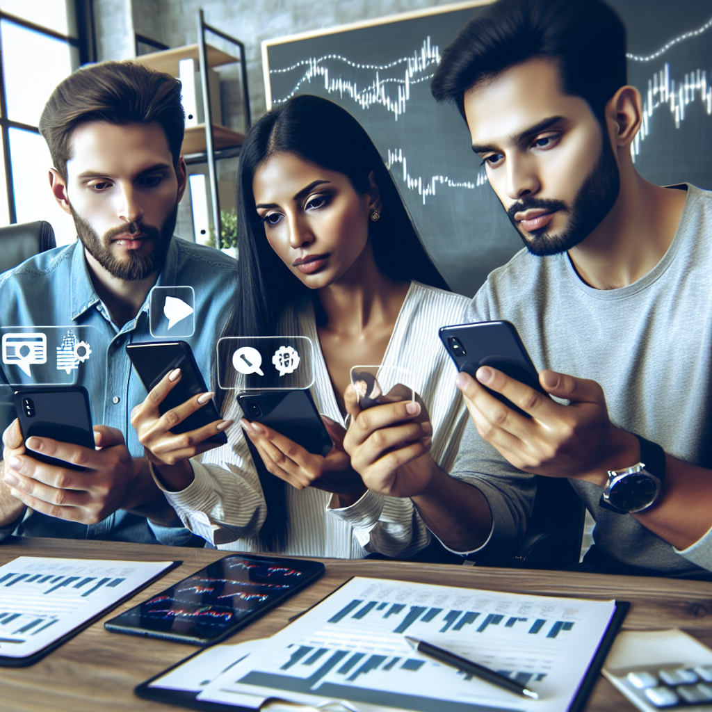 Imaginea unui grup de oameni care folosesc un bot Telegram pe telefoane, discutand despre grafice financiare si criptomonede. Toate persoanele ar trebui sa fie de tip european si sa aiba un aspect implicat in proces.