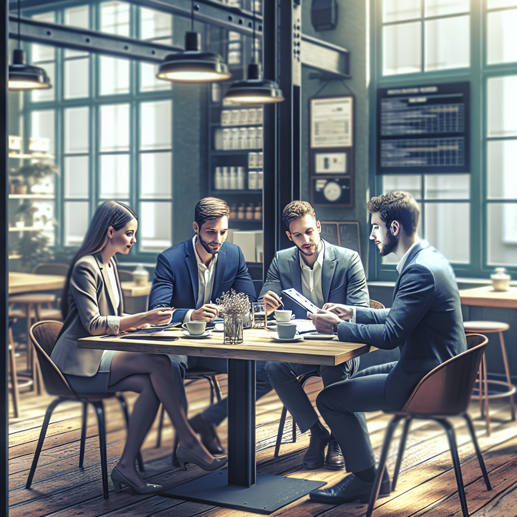 Imagine cu un mic cafe unde angajatii discuta despre implementarea unui sistem CRM, toate fetele avand aspect european, iar scena fiind realizata in format foto pentru a imita o fotografie reala.