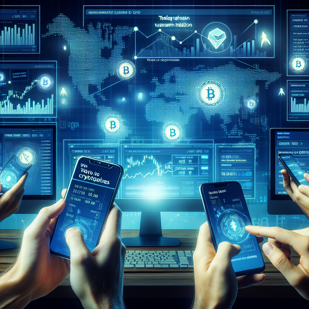 Imagine cu traderi folosind telefoane pentru a tranzactiona cu crypto-boti in Telegram, avand un aspect european, pe fundal cu grafice si ecrane cu <a href=