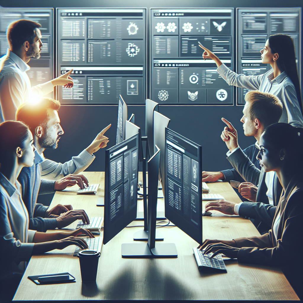 Imagine cu oameni europeni lucrand la computere cu interfata CRM pentru afaceri cu produse. Oamenii par ocupati, discutand datele afisate pe ecran.