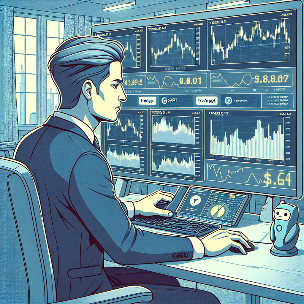 Imagine care ilustreaza activitatea unui trader utilizand botul TradeGPT din Telegram, pe fundalul graficelor financiare si cresterilor de preturi, avand un aspect european.