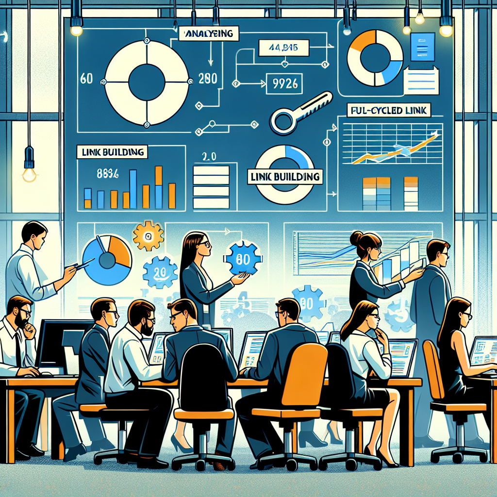 Imagine illustrand procesul de analiza si evaluare a costului link building-ului, cu grafice, cifre si persoane cu aspect european lucrand intr-un mediu de birou.