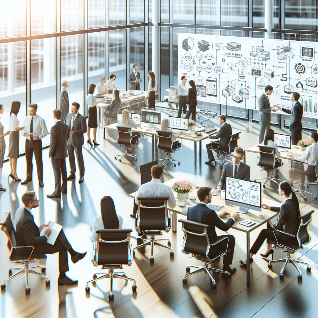 Imagini cu un interior de birou de succes, unde angajații discută despre implementarea sistemelor CRM și ERP, având un aspect european.