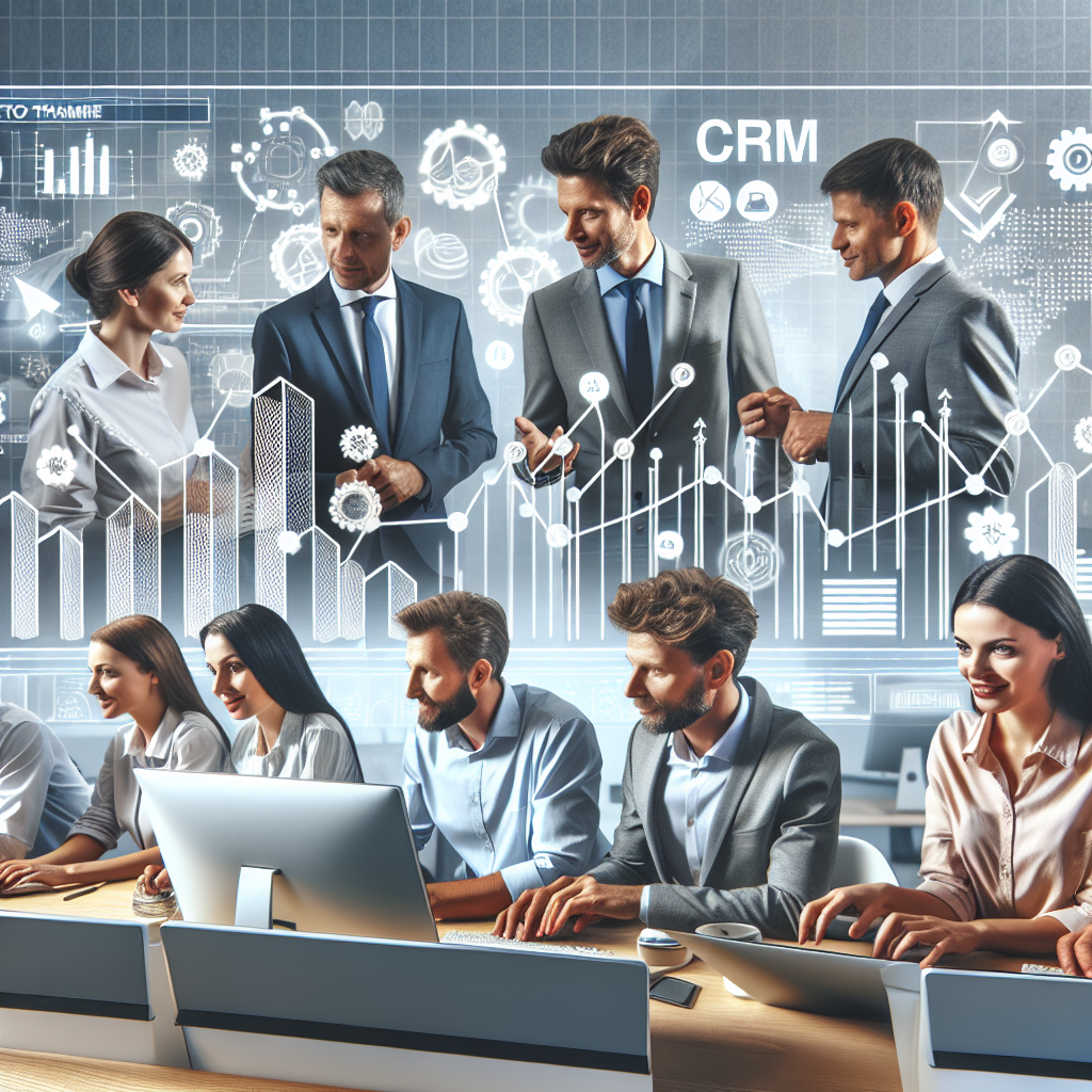 Imagine cu un grup de barbati si femei de tip european, lucrand la calculatoare intr-un birou modern, discutand despre implementarea sistemelor CRM. Fundalul ar trebui sa arate elemente de comert si vanzari, cum ar fi grafice, diagrame si consola de gestionare a CRM.