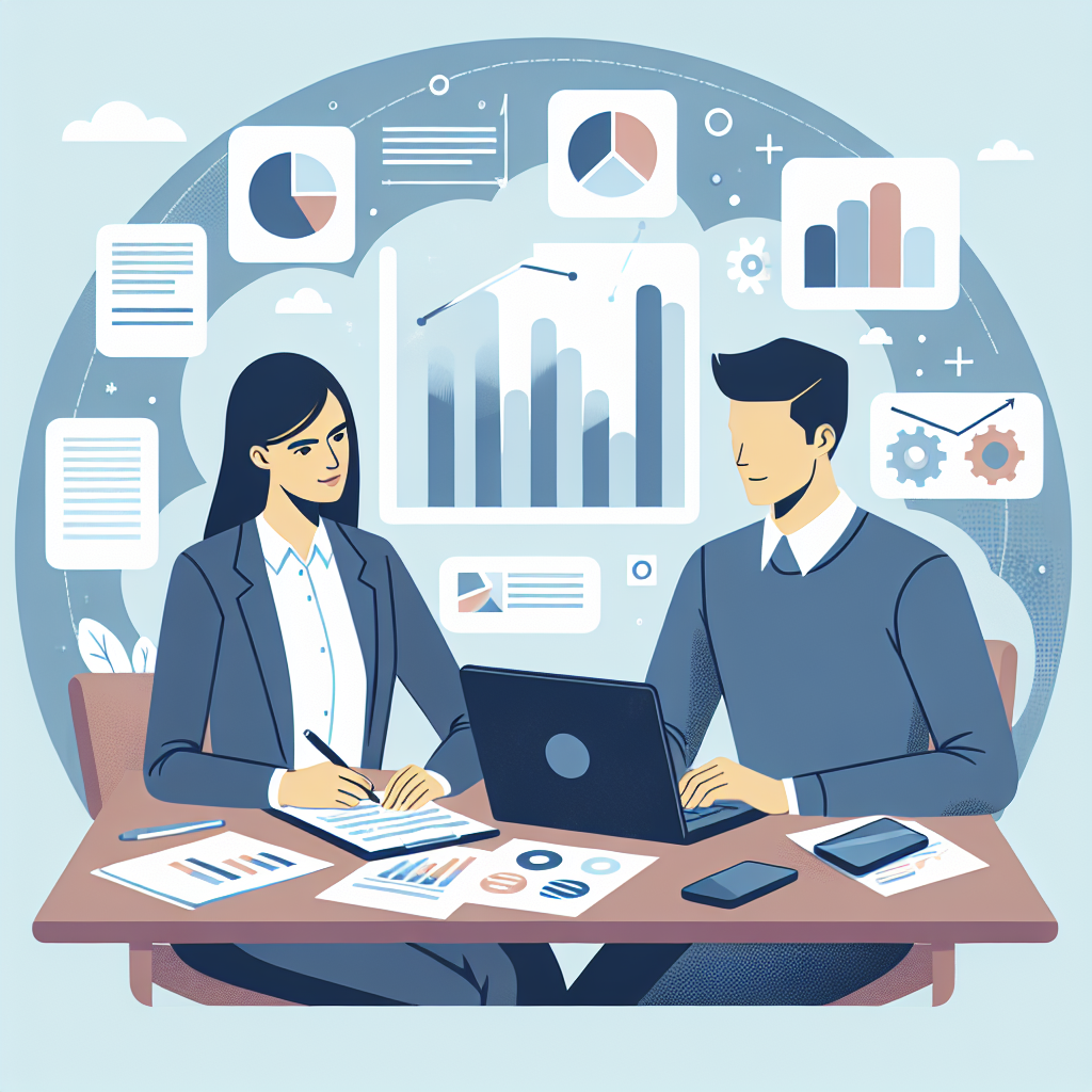 Imagine cu un manager de vanzari de tip european, lucrand cu un client la o masa cu documente si un laptop, discutand despre implementarea sistemelor CRM. Fundalul ar trebui sa arate elemente de vanzare si analiza, cum ar fi graficele si diagramele.