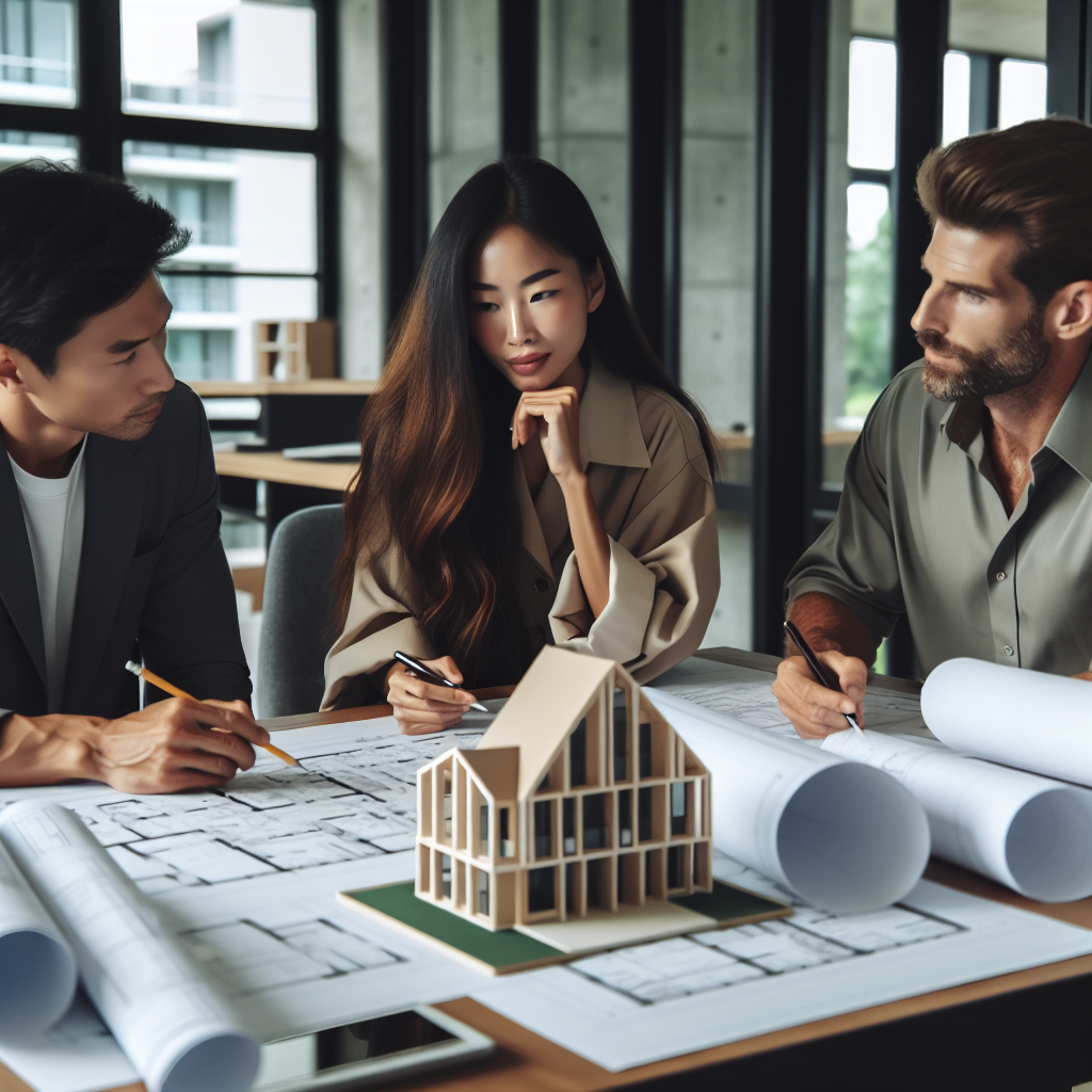 Proces de lucru la un proiect de design pentru apartament: designerul discuta concentrat cu clientii, pe masa sunt schite si <a href=
