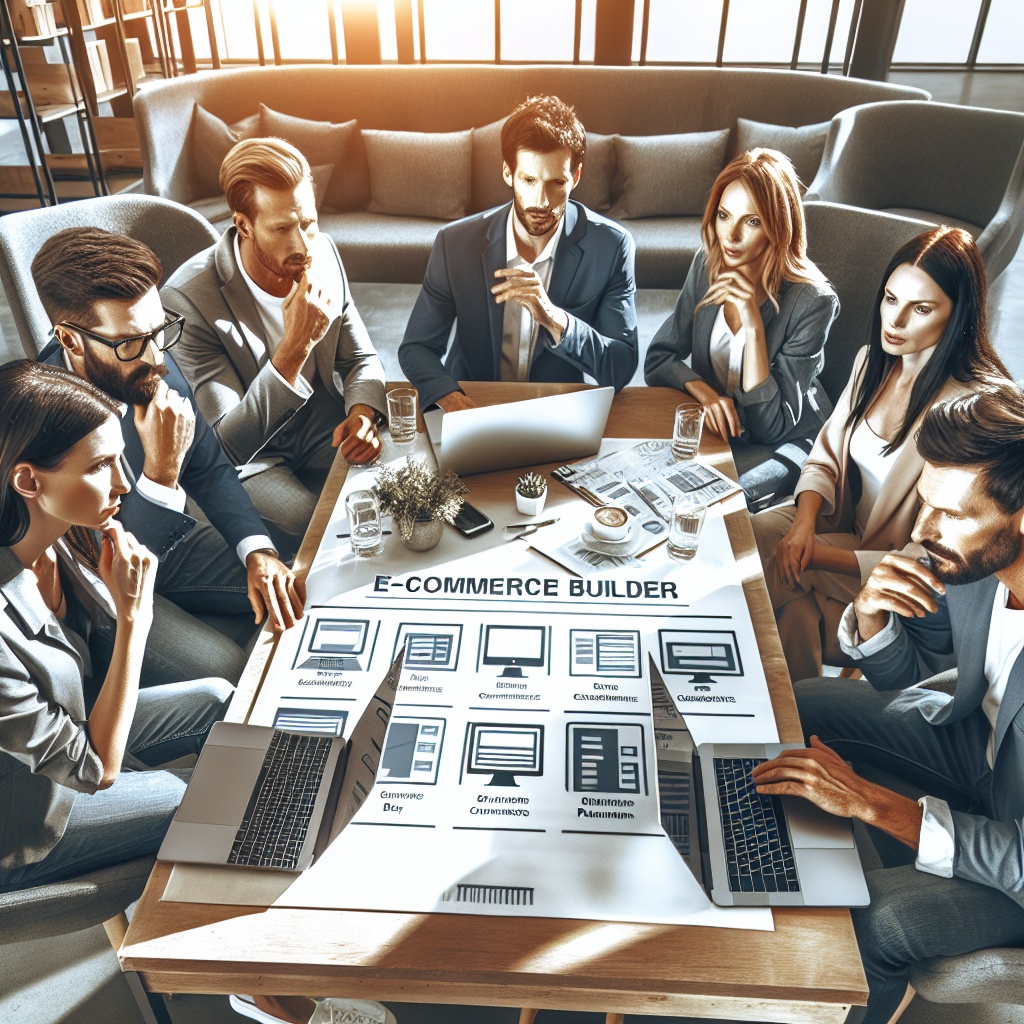 Grup de experti discutand despre alegerea unui constructor pentru magazinul online, oameni europeni, concentrati si pasionati, asezati la masa cu laptopuri si grafice ce arata platforme populare, decor office, modern si prietenos.