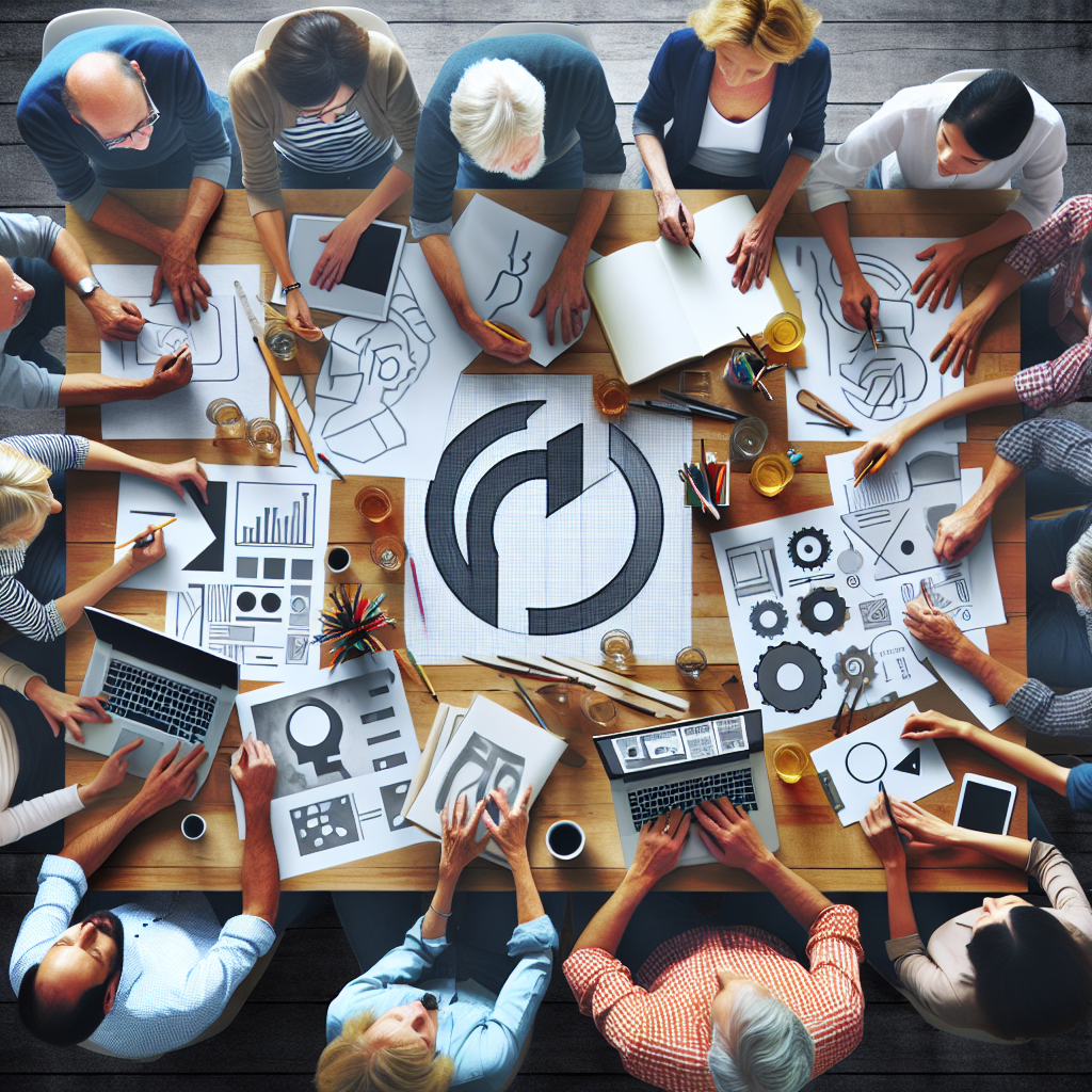 Grup de oameni de diferite varste lucrand la crearea unui logo designat de un artist. Toate persoanele au trasaturi europene.