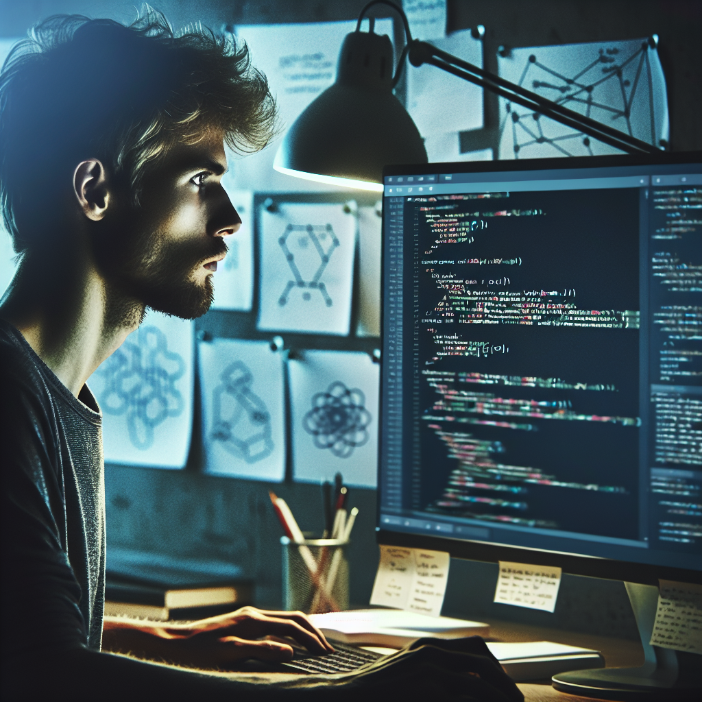 Программист за работой, на мониторе коды на Kotlin и Java, окружение с элементами технологий, европейский тип лица.