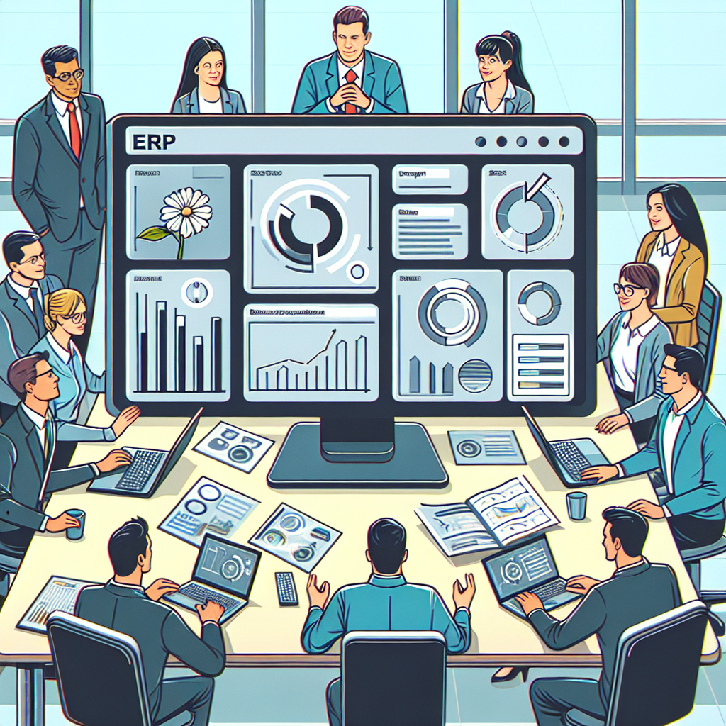 Imagine care ilustreaza functionarea sistemelor ERP in birou, cu oameni discutand despre datele de pe ecranul computerului. Toate persoanele sunt de tip european.