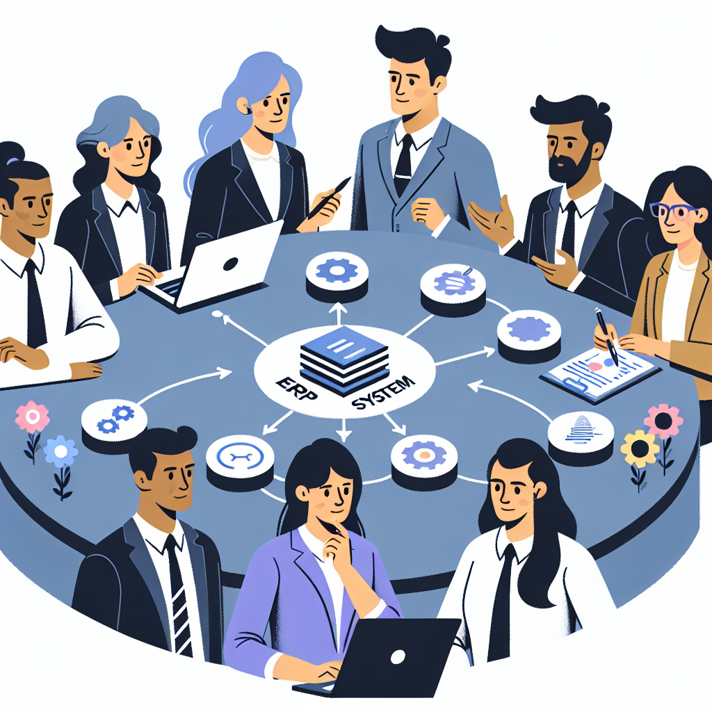 Imagine care ilustreaza procesul de implementare a sistemului ERP in companie, cu o echipa de manageri si <a href=