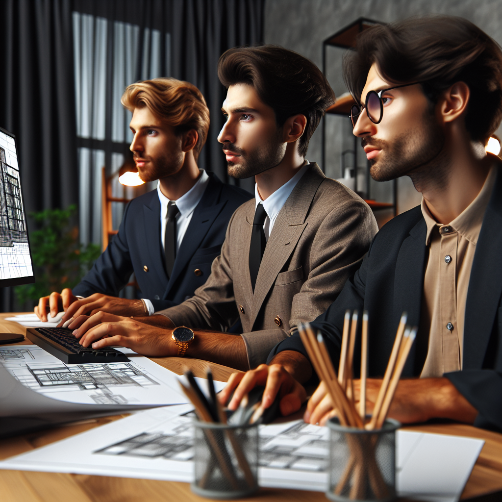 Imagine cu trei designeri de interior profesionisti, lucrand la modelare 3D pe computere, toti avand o infatisare europeana, intr-un interior elegant al unei camere cu <a href=
