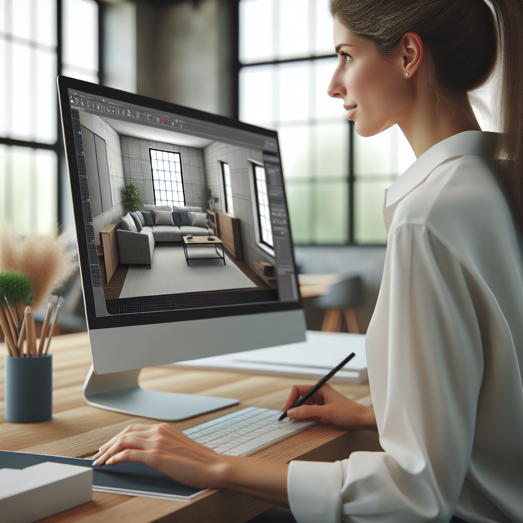 Imagine cu un interior modern, unde pe ecranul computerului se afla modelul 3D al unei camere, iar un designer de interior profesionist lucreaza la proiect. Toate persoanele au o infatisare europeana.