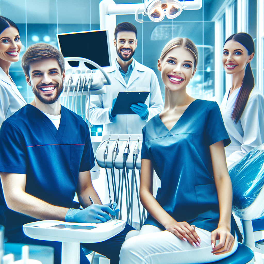 Imaginea unui cabinet stomatologic modern, cu medici prietenosi de tip europoid, care lucreaza cu un pacient si interactioneaza intre ei, intr-un interior luminos si curat.