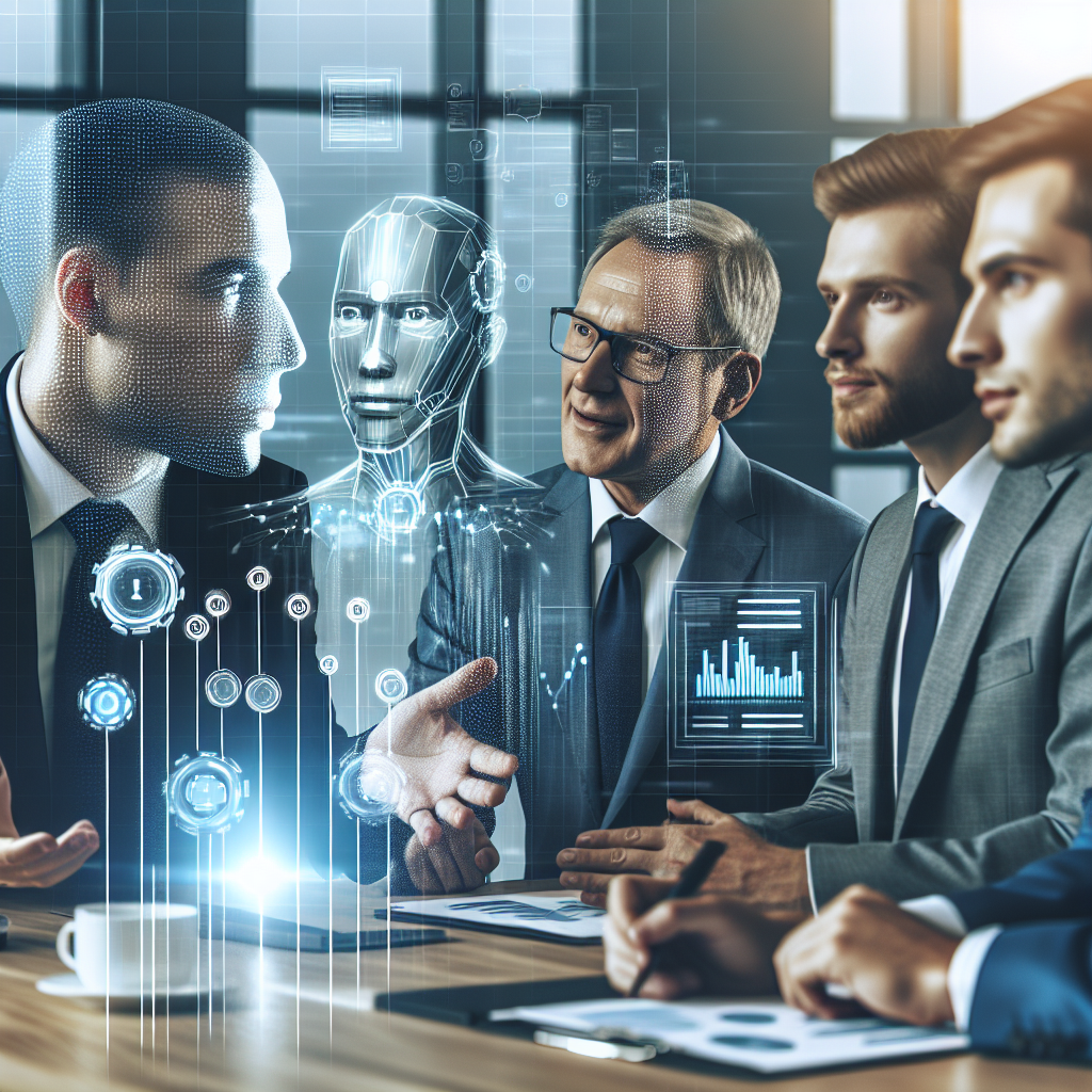O imagine cu oameni de afaceri de tip european intr-o intalnire, discutand despre procesele de implementare a inteligentei artificiale in diverse scenarii comerciale. Fundalul trebuie sa fie un birou modern, cu grafice si rapoarte care ilustreaza rezultatele activitatii AI.