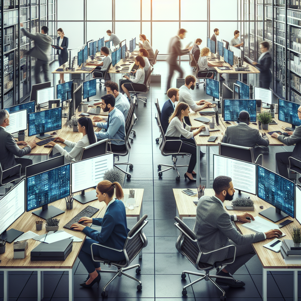 Фото офиса IT-компании с профессиональными сотрудниками европейского типа, работающими над проектами на компьютерах.