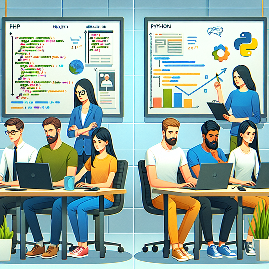 Web dezvoltatori care lucreaza la proiecte pe PHP si Python, in fata unor table cu timpul de executie al proiectelor, intr-un birou.