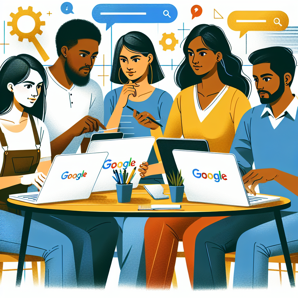 Imaginile arata un grup de oameni europeni care analizeaza datele de cautare Google pe laptopuri si tablete, discutand activ intre ei.