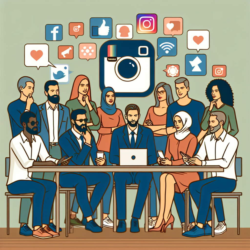 Grupa de oameni care discuta strategia Instagram, cu un fundal ce ilustreaza retelele sociale.