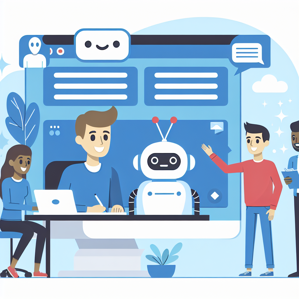 Imagine cu un utilizator interagand cu un chatbot pe un ecran de computer, unde toti personajii au un aspect european si par fericiti si implicati.