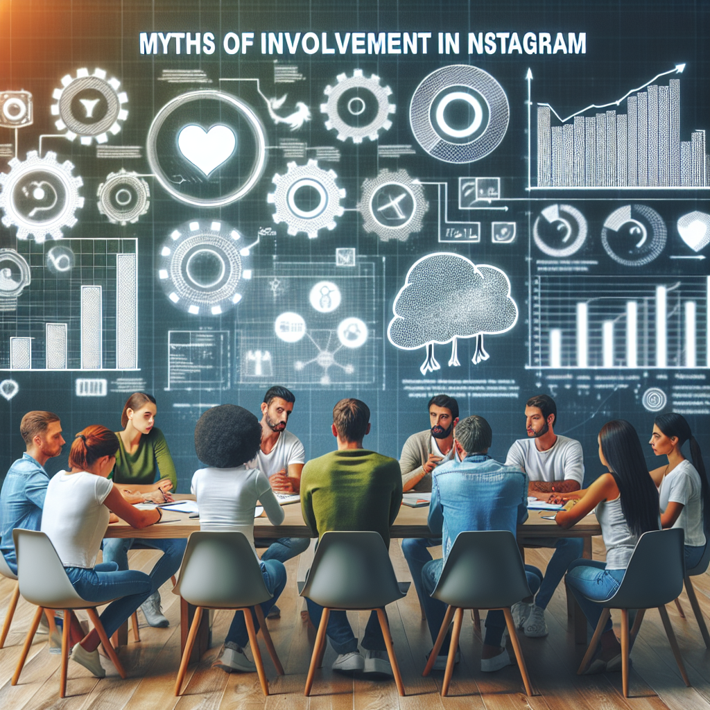 Grupa de oameni care discuta despre miturile legate de implicarea pe Instagram, cu grafice si diagrame in fundal.