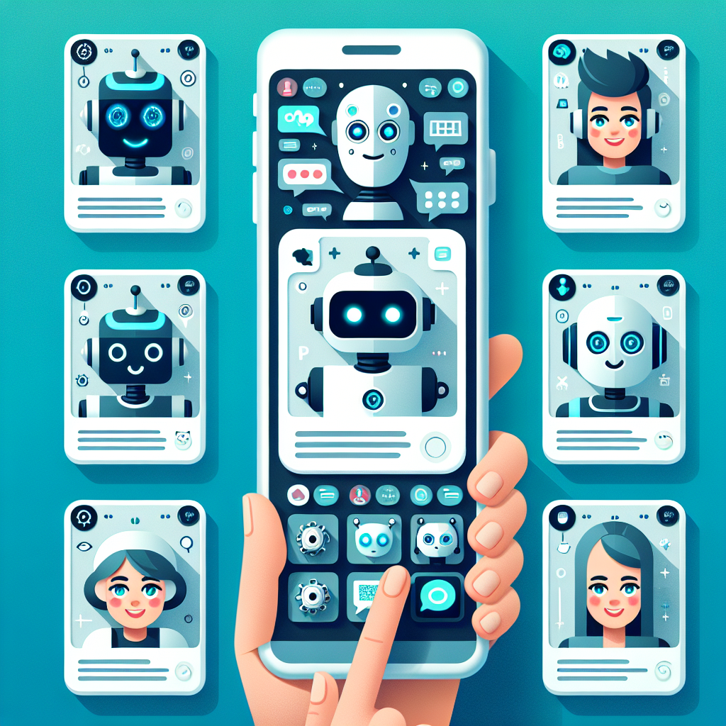Imagine cu diferite tipuri de chatboti afisati pe un ecran de telefon mobil, unde acesti chatboti ajuta utilizatorii sa rezolve diverse probleme, iar toate personajele au un aspect european.