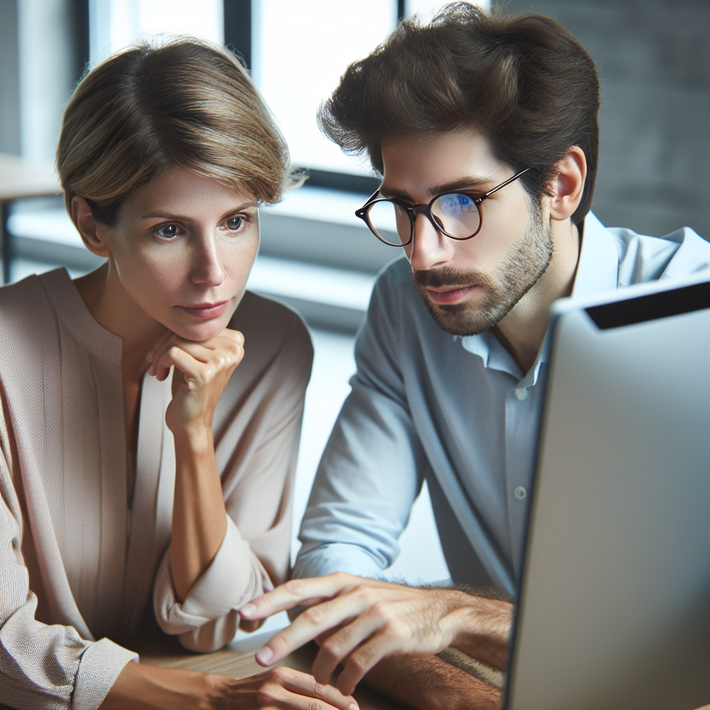 Imagine care ilustreaza procesul de discutie a unui site intre client si dezvoltator pe fondul computerelor, unde toate persoanele au o infatisare europeana, privind cu atentie la ecran.