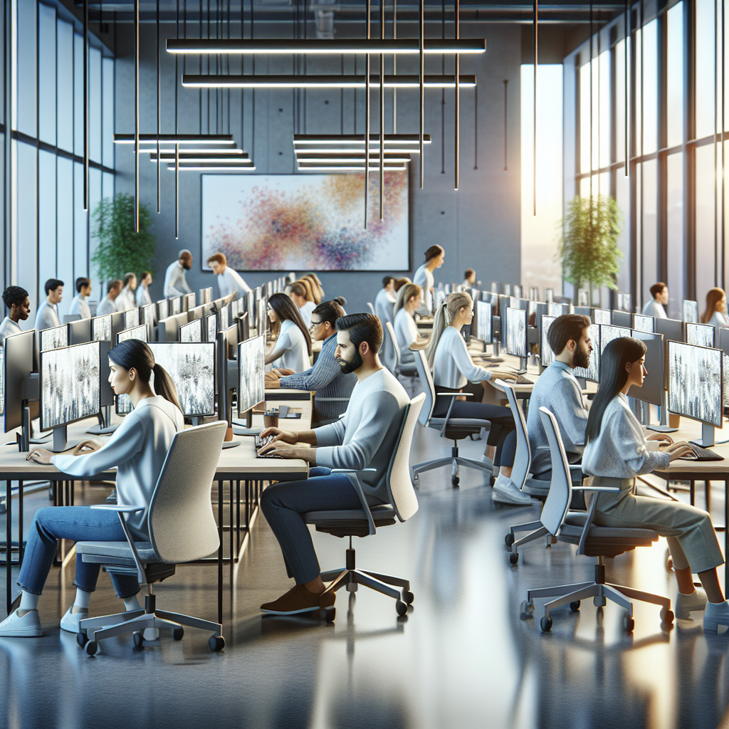 Imagine cu oameni de tip european care lucreaza la computere intr-un birou cu <a href=