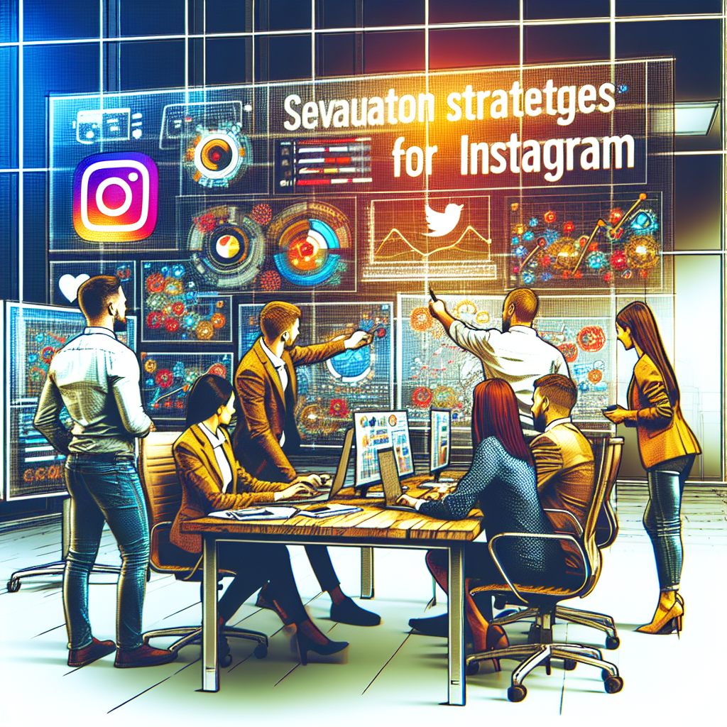 Fotografie a unei echipe care lucreaza la strategii pentru Instagram, oameni de tip european, intr-un mediu de birou, in studio, cu ecrane in fundal care afiseaza grafice si planuri. Accent pe interactiune activa si idei, stil expresiv.
