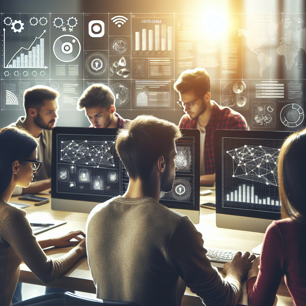 Fotografie a unui grup de oameni care analizeaza statisticile Instagram, cu fete europene, intr-un mediu de birou, in fata calculatoarelor si diagramelor, subliniind colaborarea activa si discutiile strategice din echipa.