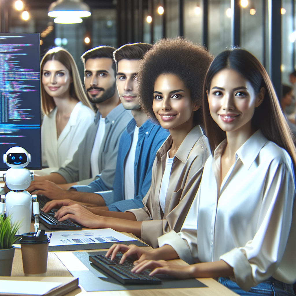 O echipa de profesionisti lucrand la un proiect de chatbot intr-un birou modern, cu iluminare stralucitoare si echipamente tehnologice, toti angajatii avand expresii de concentrare si satisfactie.