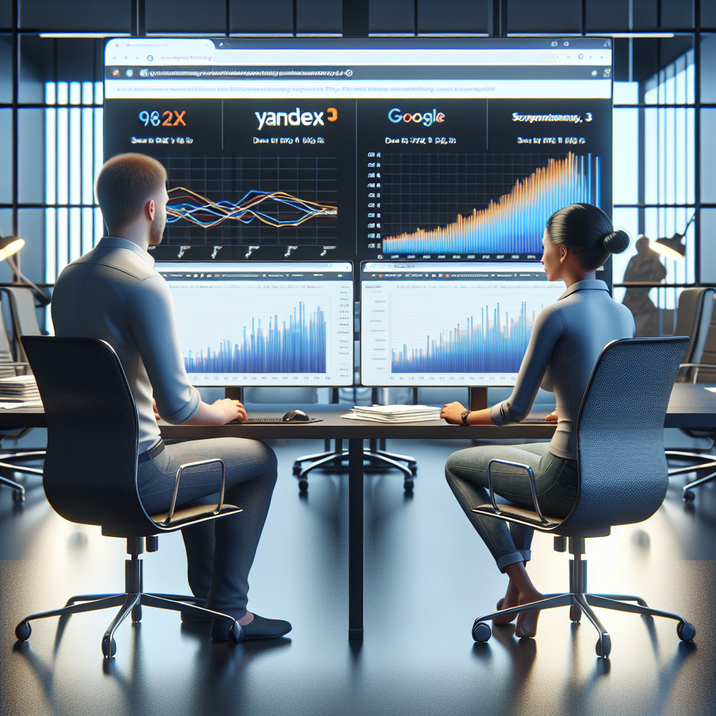 Imagine cu un barbat si o femeie, de tip european, la computere, schimbandu-se idei despre statistica cautarilor pe Yandex si Google, cu grafice si diagrame pe ecran. Scena ar trebui sa arate ca o fotografie reala.