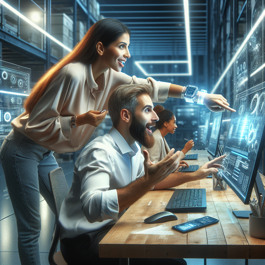 Imaginea ilustreaza procesul de dropshipping in anul 2025, cu oameni de origine europeana lucrand la calculatoare, discutand despre realizarile si succesul lor in afaceri.