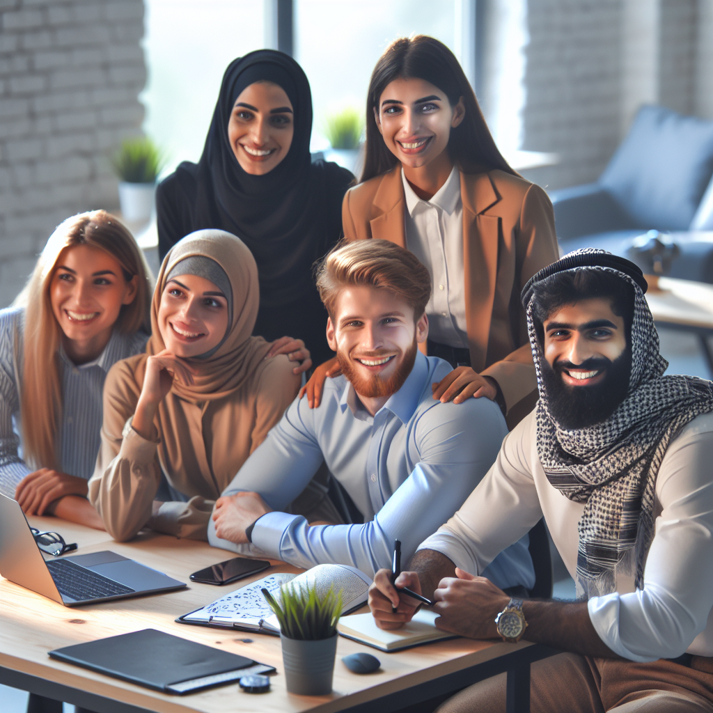 Imaginea prezinta dropshipperii de succes care lucreaza in birouri confortabile, zambind si discutand despre planurile lor de viitor. Toate persoanele au un aspect european.
