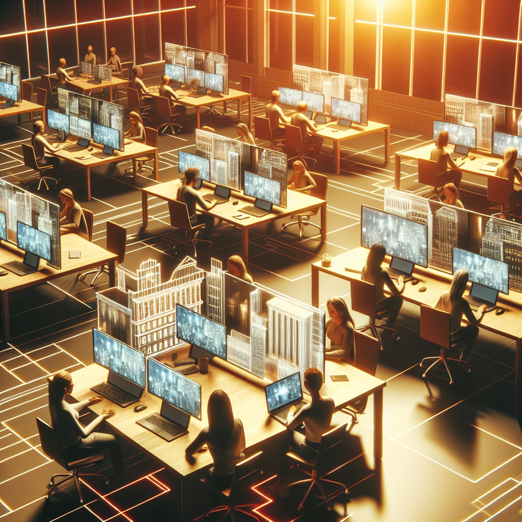 Imagine a unui spatiu de lucru virtual cu computere remote, oameni de tip european lucrand pe laptopuri, iluminare atmosferica, mediu de lucru organizat.